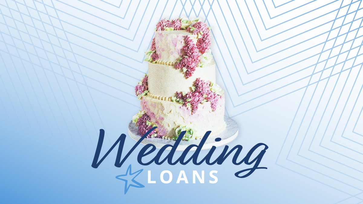 wedding cake on blue background with the words “wedding loans” written over it