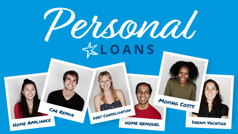 individual polaroid style photos of 6 people with the words “Personal loans” above them. home appliance, car repair, debt consolidation, home remodel, moving costs, dream vacation written on each photo