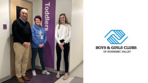 Logo for Boys and Girls Club og Kennebec Valley on right side with picture of cPort President and CEO, Gene Ardito; BGCKV’s Heather Genest; and cPort Marketing Coordinator, Katherine Morrison stand in front of BGCKV’s new toddler room