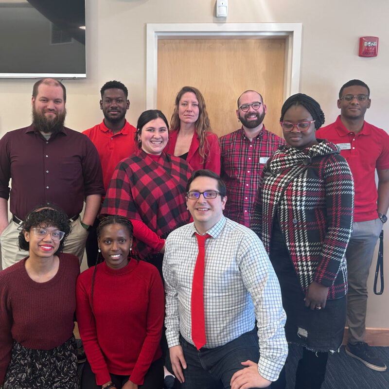 A group of cPort credit union employees who wore red on AHA Maine’s Go Red for Women Day.