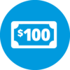 blue and white circle icon of $100