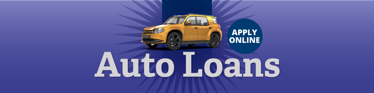 Graphic of a new vehicle above text “Auto Loans” Apply for auto loans online at cportcu.org