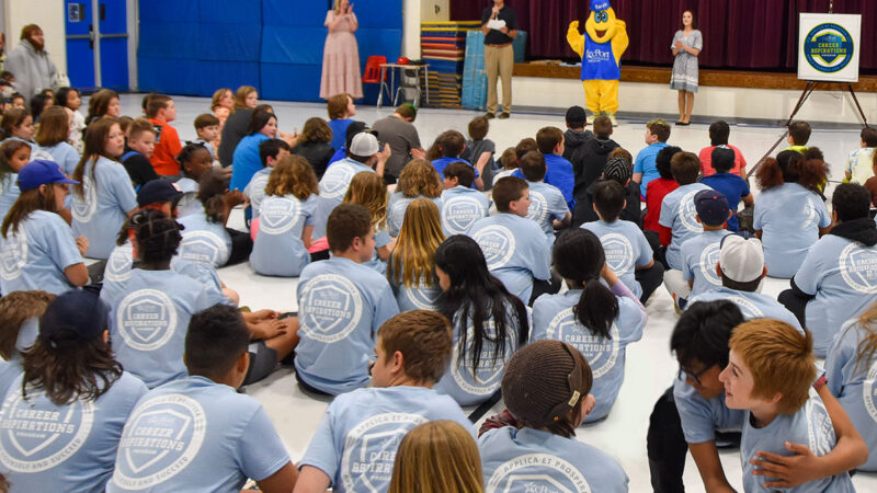 Auditorium of students assembled to receive career aspiration scholarship awards