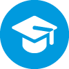 blue and white circle icon with a graduation cap