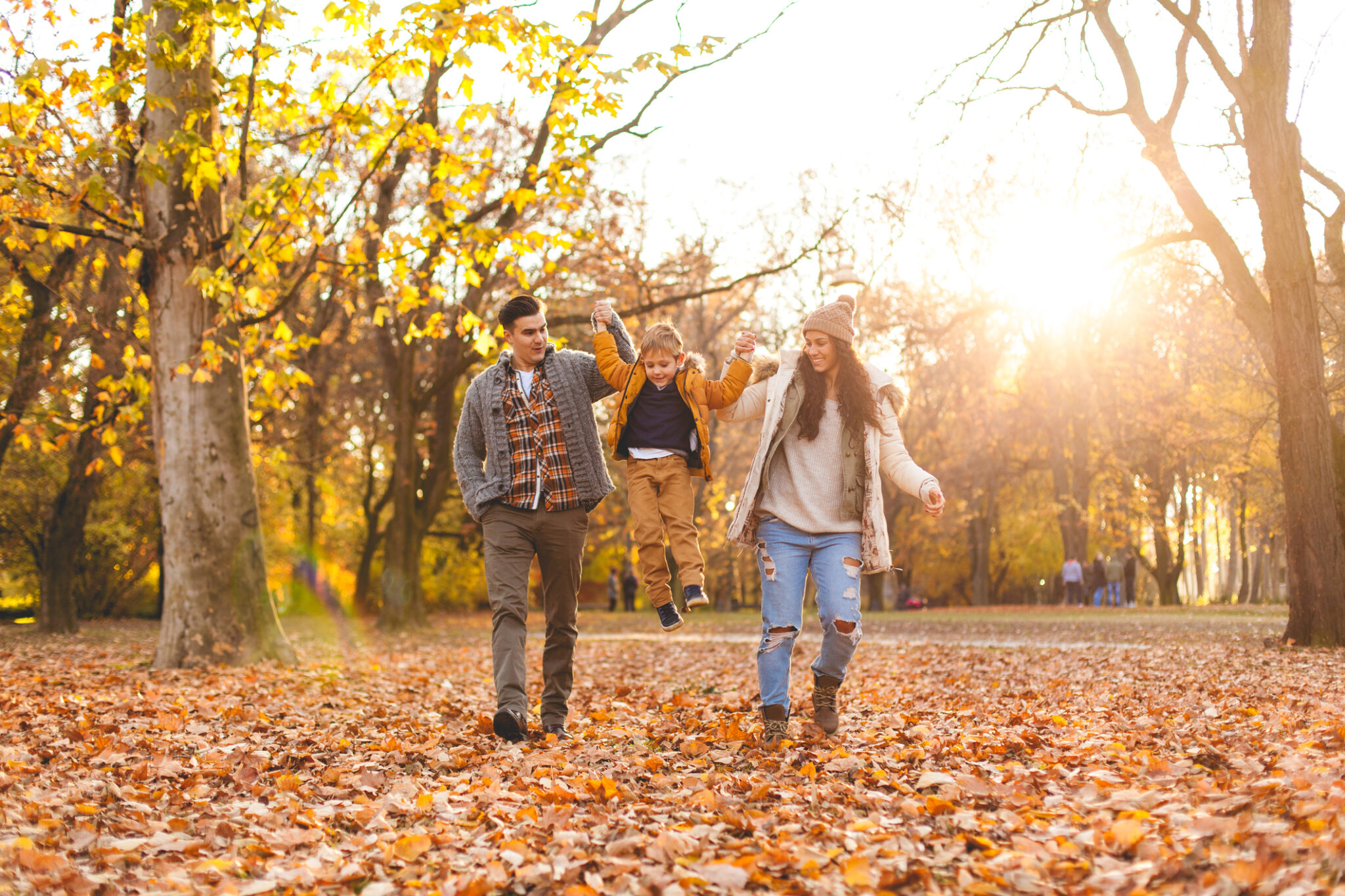 Family Playing In Autumn Leaves Family walking in the park together