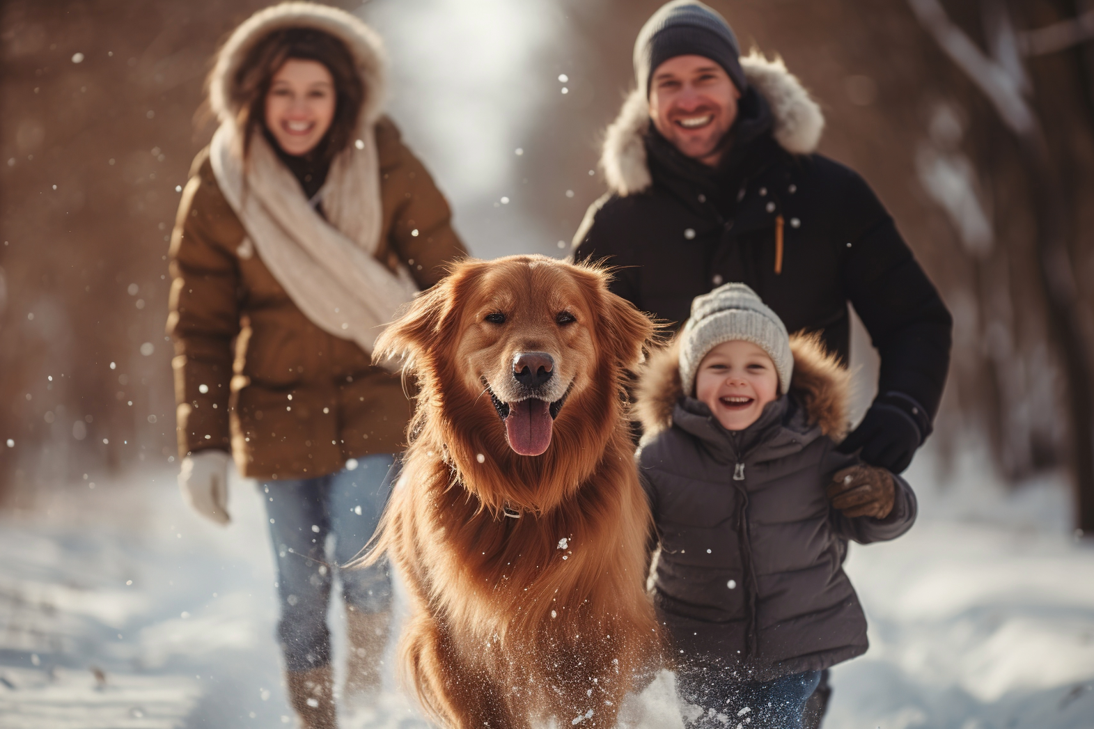 Family with dog walking in snow