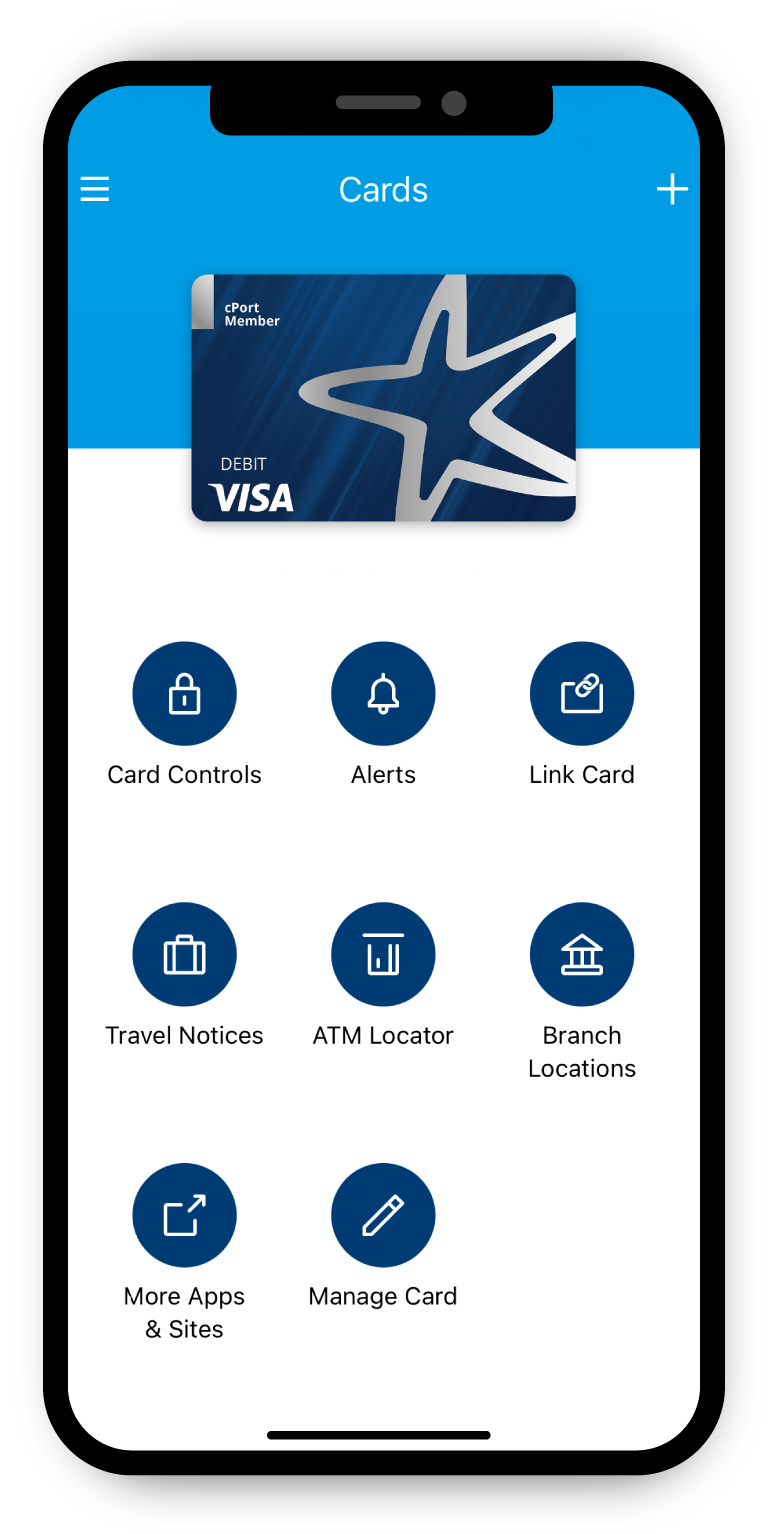 Debit Control App Mockup 5.9.2025 cPort Debit Card Control App Home Screen