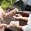 Lease, Rental Car, Sell, Buy. Dealership Manager Send Car Keys To The New Owner. Sales, Loan Credit Financial, Rent Vehicle, Insurance, Renting, Seller, Dealer, Installment, Car Care Business
