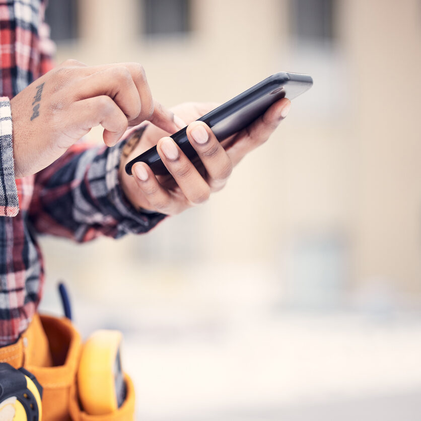 Phone, hands and maintenance man typing online search for repair instructions, guide manual or scroll on website ui. Outdoor mobile connection, smartphone mockup and person check schedule information